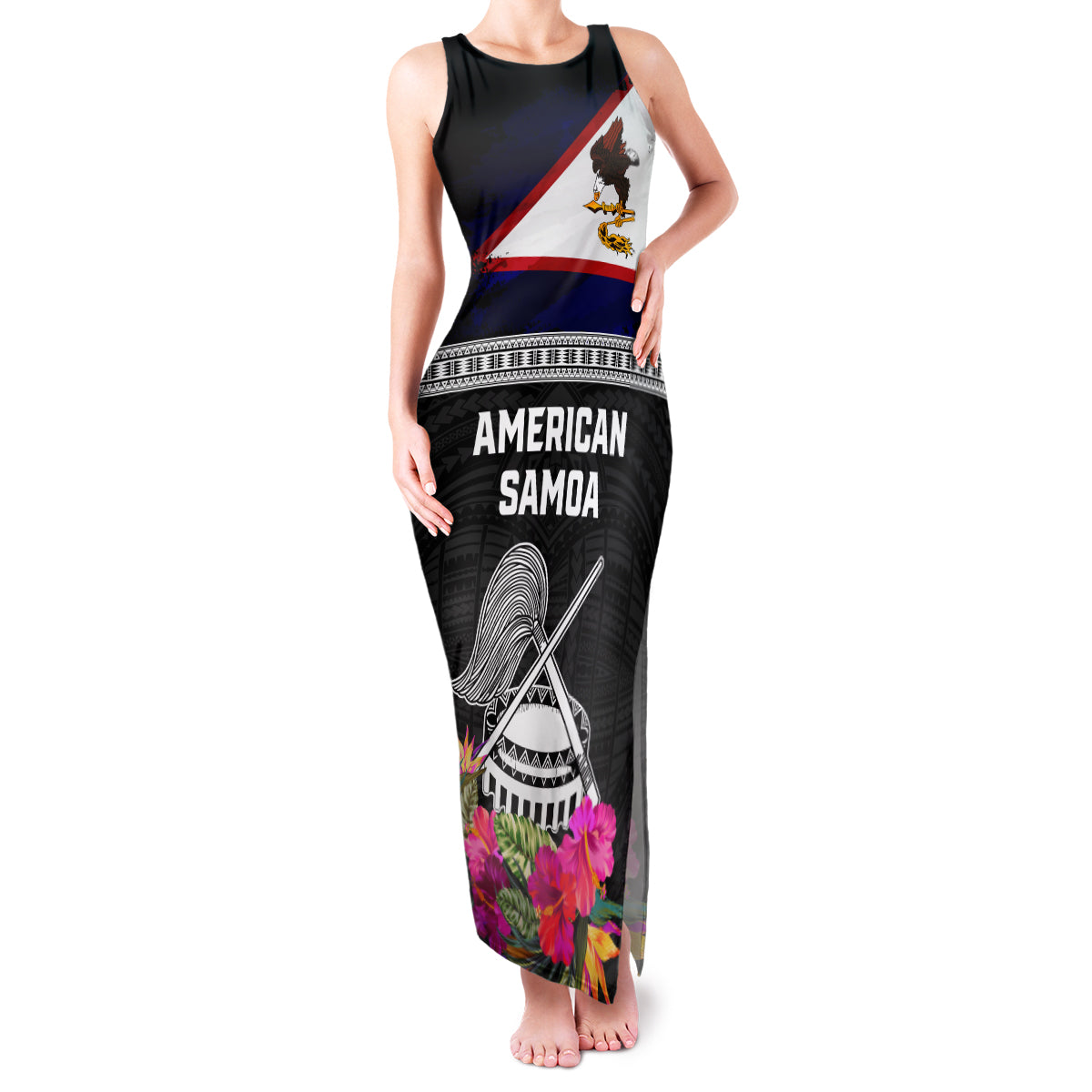 Personalized American Samoa Flag Day Family Matching Tank Maxi Dress and Hawaiian Shirt Tanoa and Fue mix Hibiscus Flower Polynesian Pattern LT03 Mom's Dress Black - Polynesian Pride