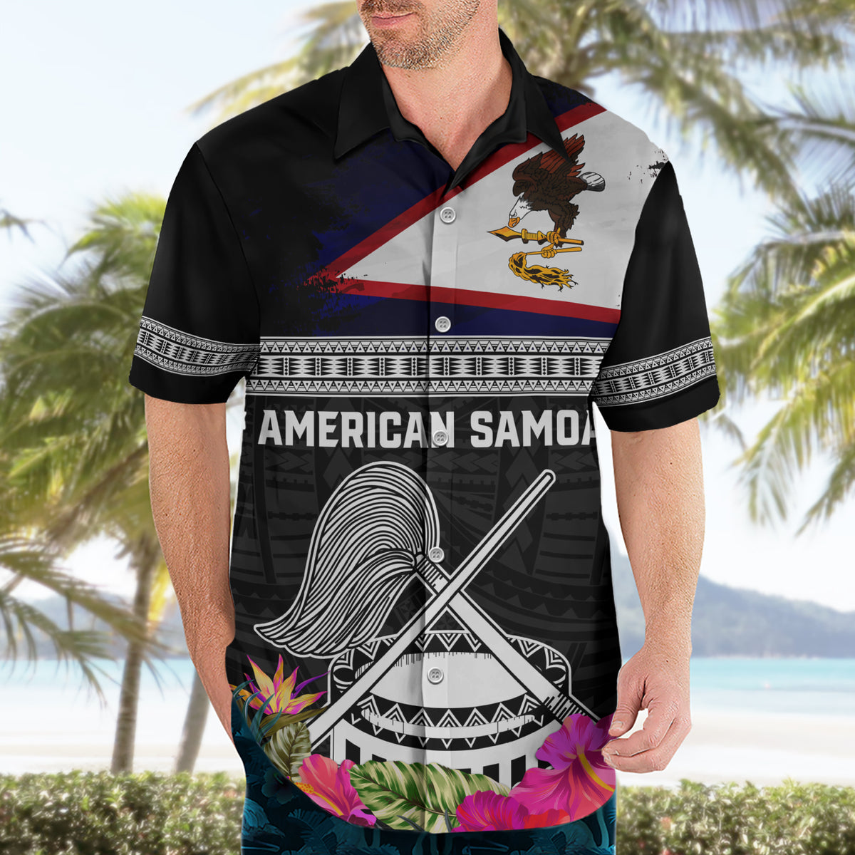 Personalized American Samoa Flag Day Hawaiian Shirt Tanoa and Fue mix Hibiscus Flower Polynesian Pattern