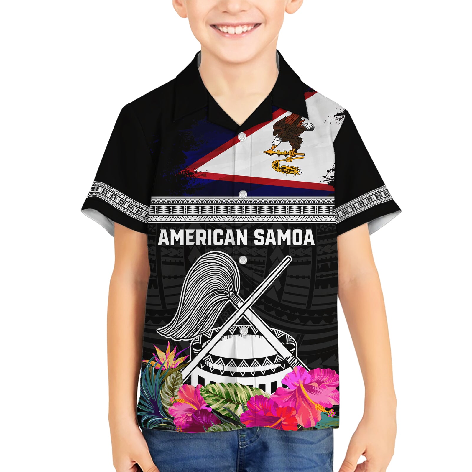 Personalized American Samoa Flag Day Kid Hawaiian Shirt Tanoa and Fue mix Hibiscus Flower Polynesian Pattern
