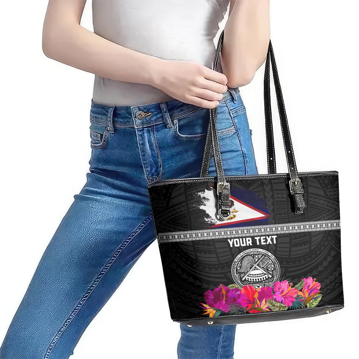 Personalized American Samoa Flag Day Leather Tote Bag Tanoa and Fue mix Hibiscus Flower Polynesian Pattern