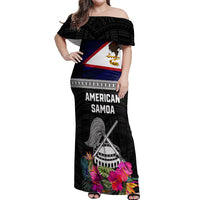 Personalized American Samoa Flag Day Off Shoulder Maxi Dress Tanoa and Fue mix Hibiscus Flower Polynesian Pattern