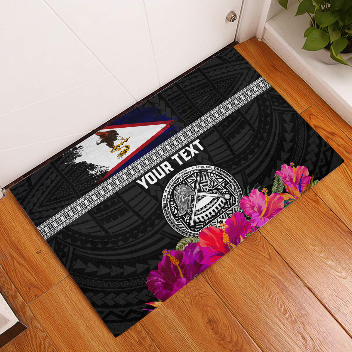 Personalized American Samoa Flag Day Rubber Doormat Tanoa and Fue mix Hibiscus Flower Polynesian Pattern