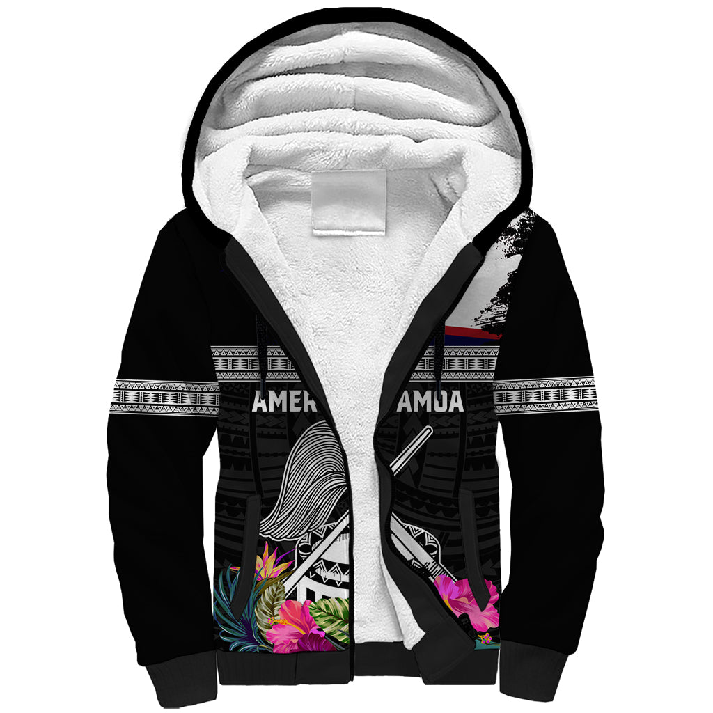 Personalized American Samoa Flag Day Sherpa Hoodie Tanoa and Fue mix Hibiscus Flower Polynesian Pattern