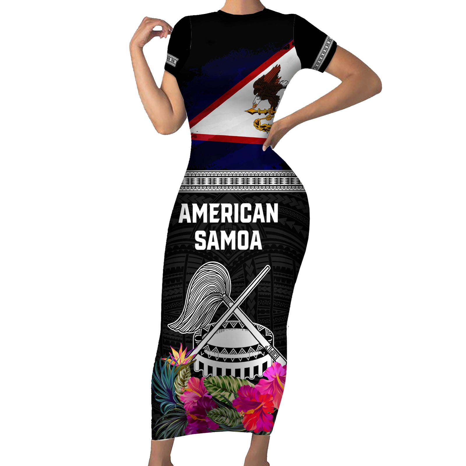 Personalized American Samoa Flag Day Short Sleeve Bodycon Dress Tanoa and Fue mix Hibiscus Flower Polynesian Pattern