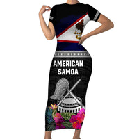 Personalized American Samoa Flag Day Short Sleeve Bodycon Dress Tanoa and Fue mix Hibiscus Flower Polynesian Pattern