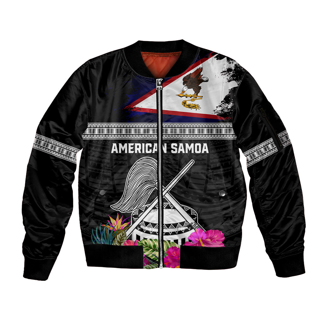 Personalized American Samoa Flag Day Sleeve Zip Bomber Jacket Tanoa and Fue mix Hibiscus Flower Polynesian Pattern