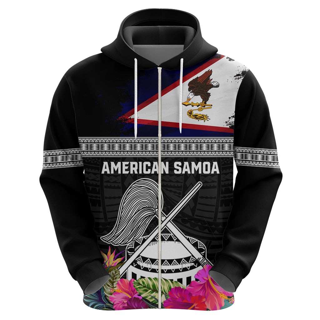 Personalized American Samoa Flag Day Zip Hoodie Tanoa and Fue mix Hibiscus Flower Polynesian Pattern