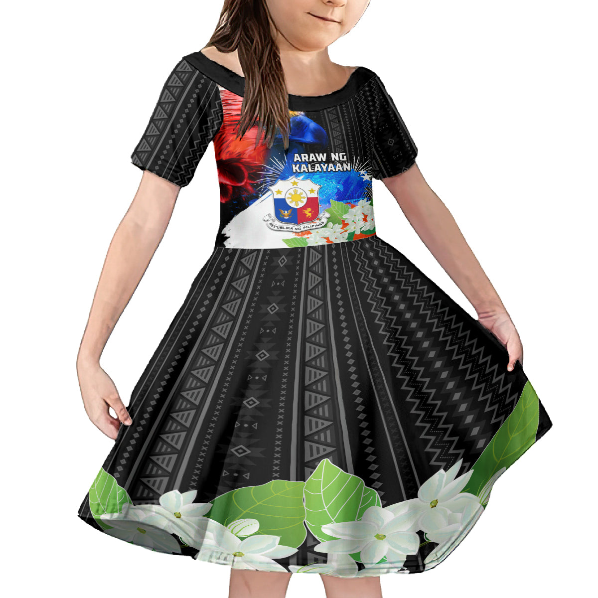 Philippines Independence Day Family Matching Long Sleeve Bodycon Dress and Hawaiian Shirt Philippines Eagle and Sampaguita Jasmine Yakan Tribal LT03 Daughter's Dress Black - Polynesian Pride