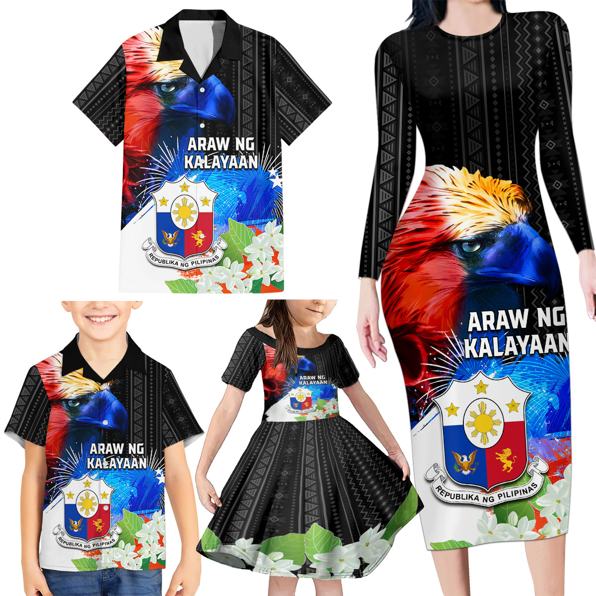 Philippines Independence Day Family Matching Long Sleeve Bodycon Dress and Hawaiian Shirt Philippines Eagle and Sampaguita Jasmine Yakan Tribal LT03 - Polynesian Pride