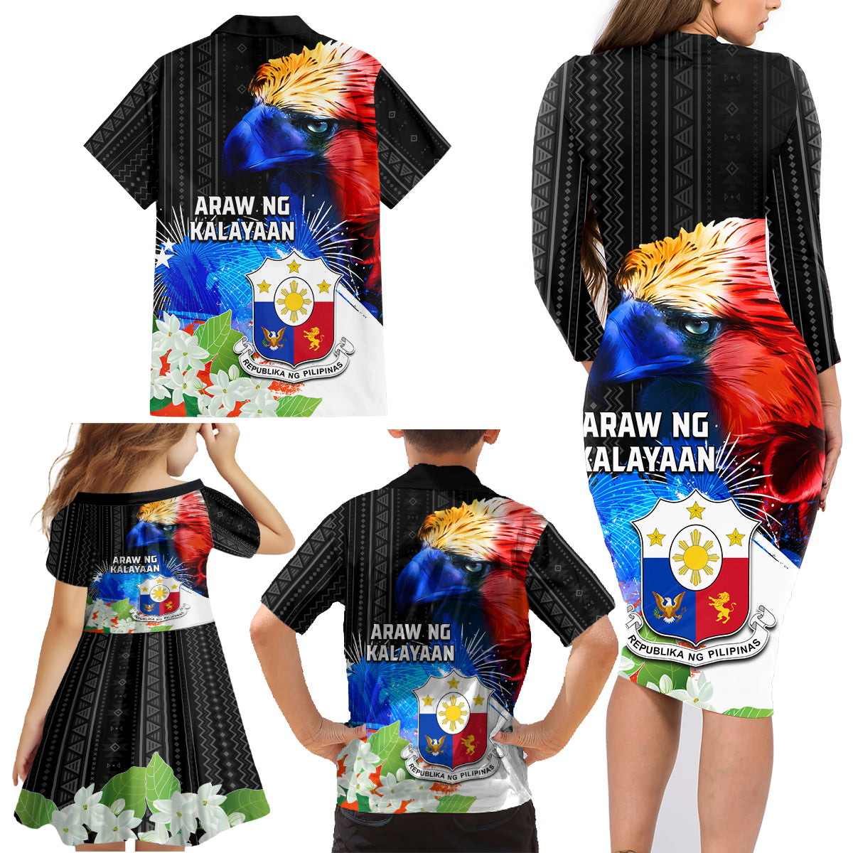 Philippines Independence Day Family Matching Long Sleeve Bodycon Dress and Hawaiian Shirt Philippines Eagle and Sampaguita Jasmine Yakan Tribal LT03 - Polynesian Pride