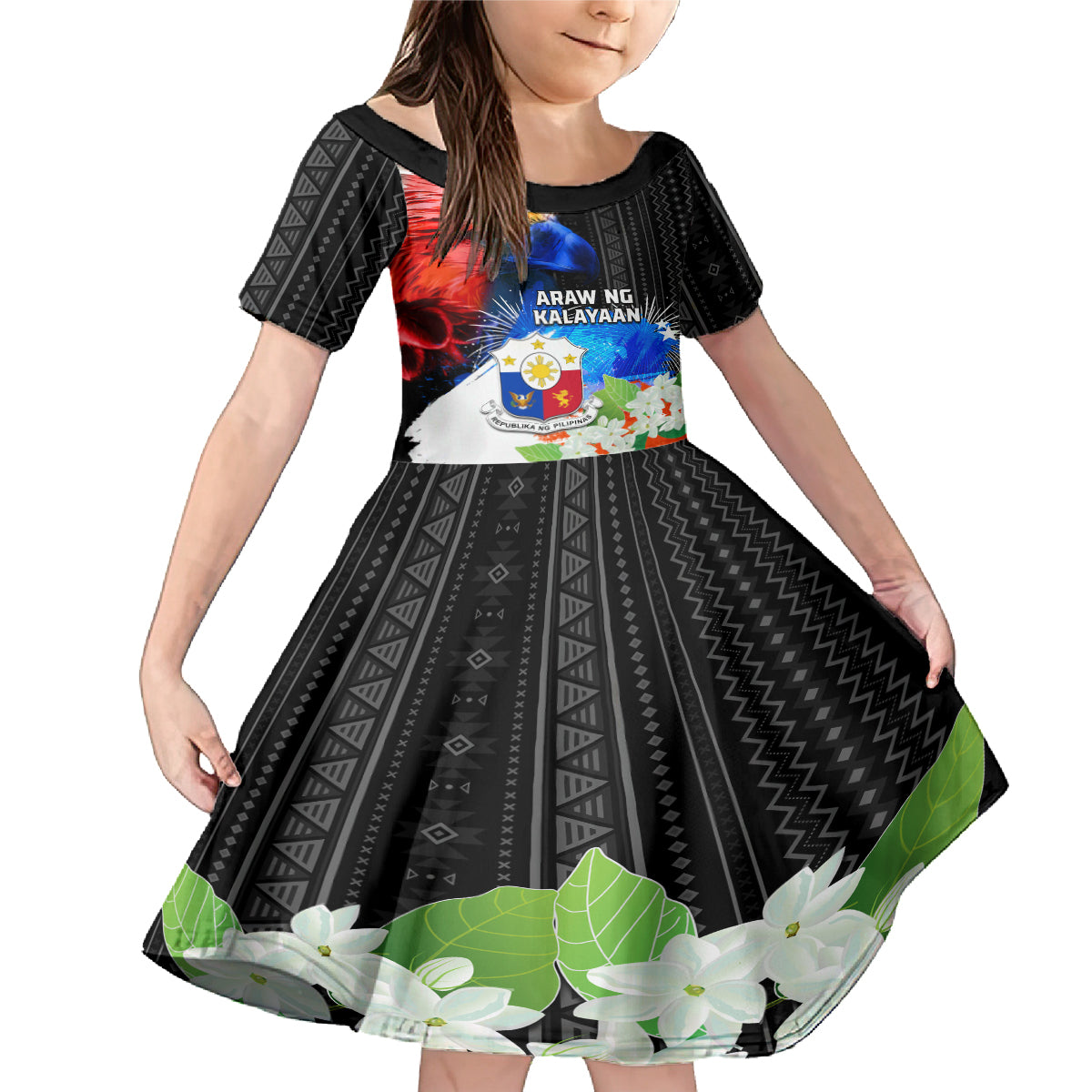 Philippines Independence Day Family Matching Mermaid Dress and Hawaiian Shirt Philippines Eagle and Sampaguita Jasmine Yakan Tribal LT03 Daughter's Dress Black - Polynesian Pride