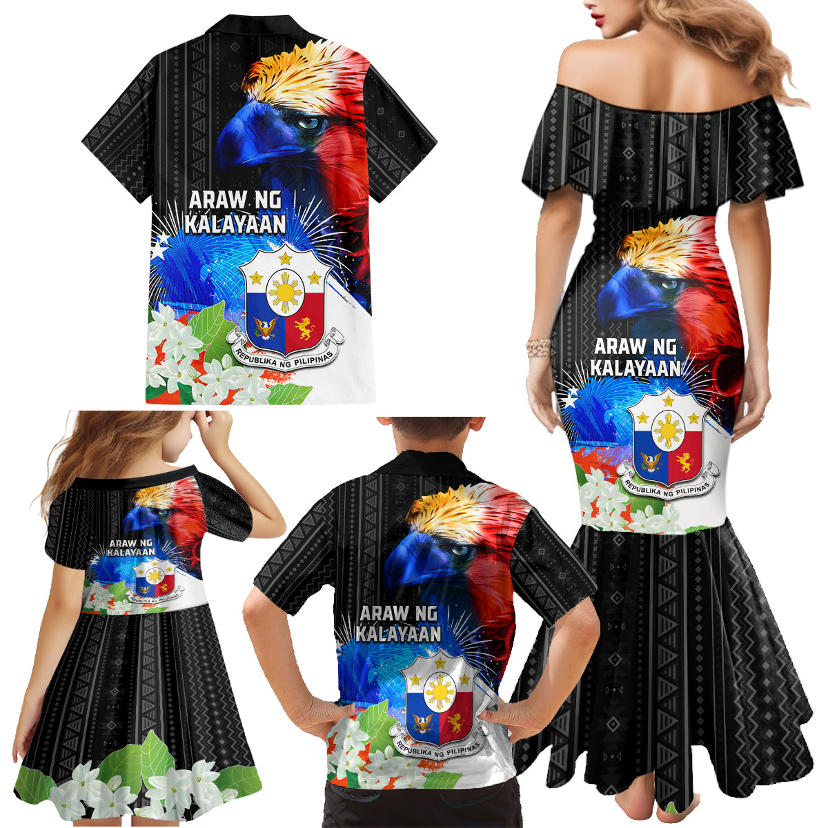 Philippines Independence Day Family Matching Mermaid Dress and Hawaiian Shirt Philippines Eagle and Sampaguita Jasmine Yakan Tribal LT03 - Polynesian Pride