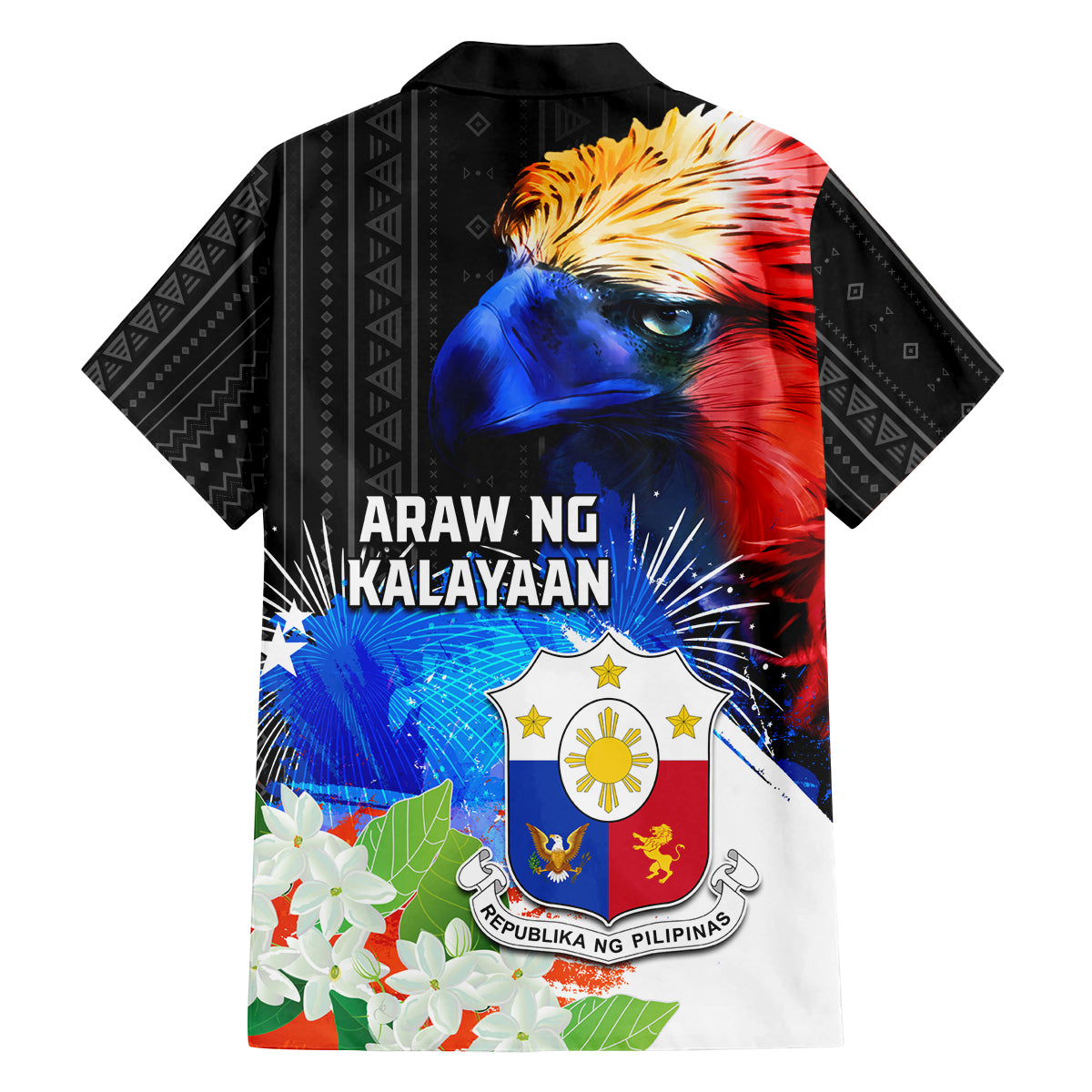 Philippines Independence Day Family Matching Off The Shoulder Long Sleeve Dress and Hawaiian Shirt Philippines Eagle and Sampaguita Jasmine Yakan Tribal LT03 - Polynesian Pride
