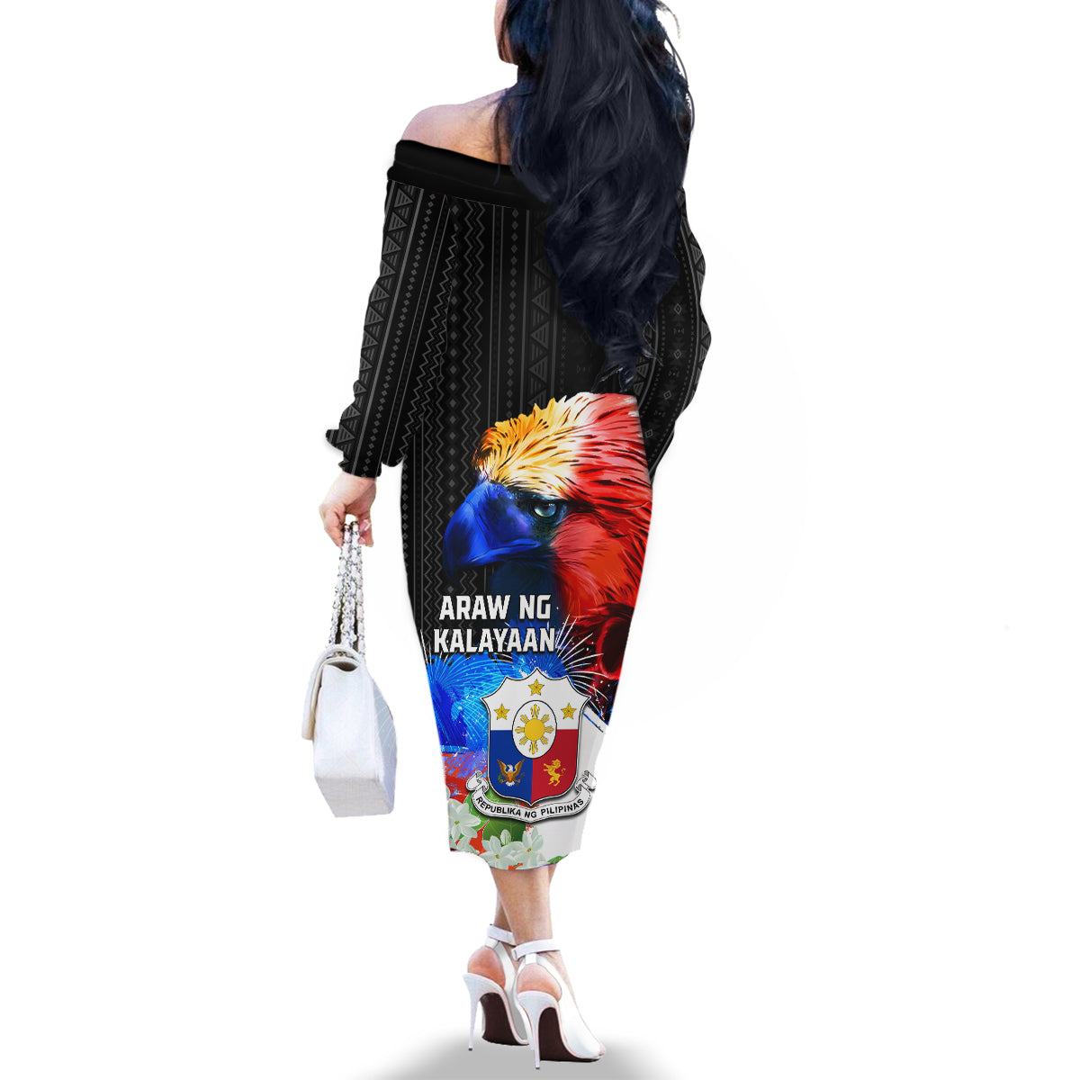 Philippines Independence Day Family Matching Off The Shoulder Long Sleeve Dress and Hawaiian Shirt Philippines Eagle and Sampaguita Jasmine Yakan Tribal LT03 - Polynesian Pride