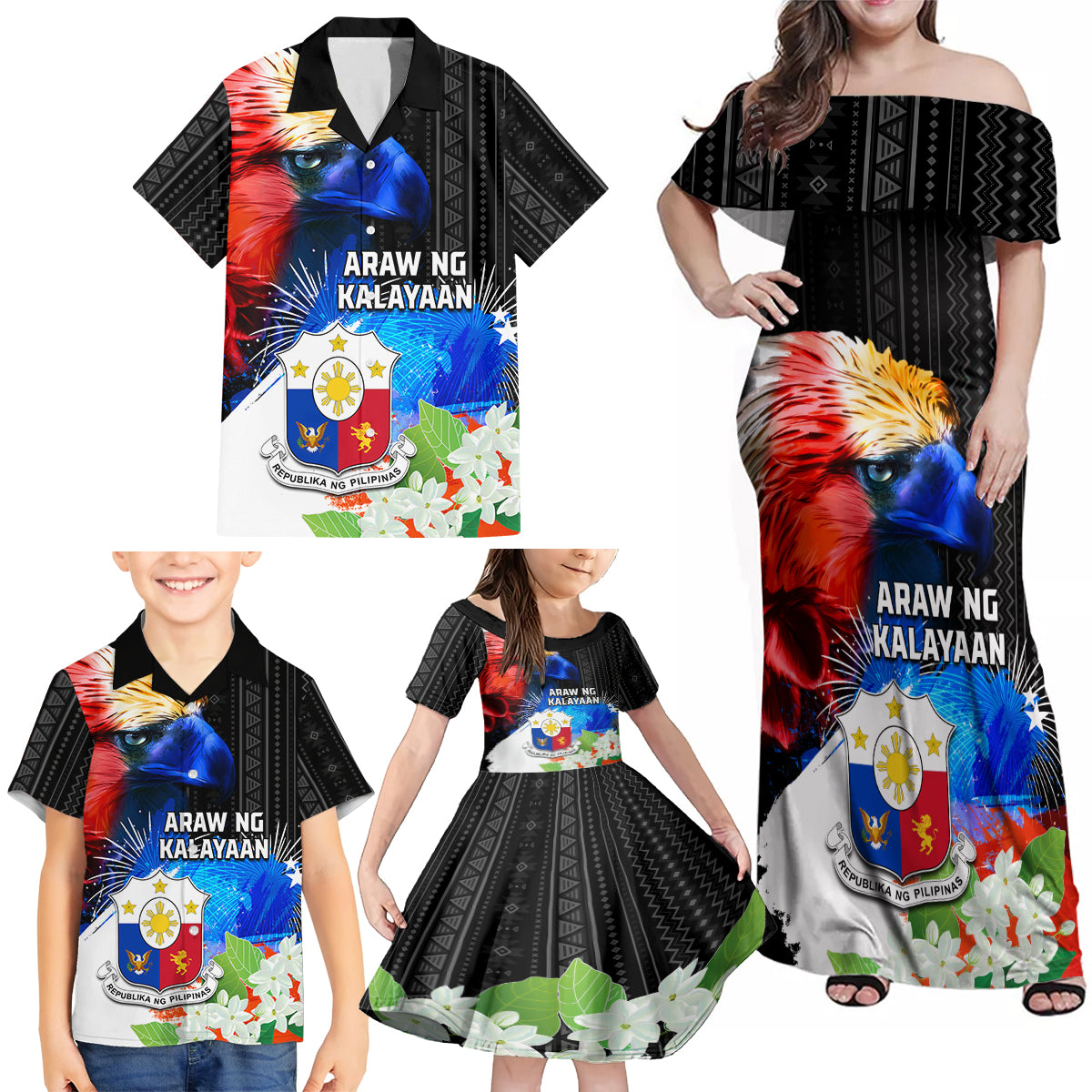 Philippines Independence Day Family Matching Off Shoulder Maxi Dress and Hawaiian Shirt Philippines Eagle and Sampaguita Jasmine Yakan Tribal LT03 - Polynesian Pride