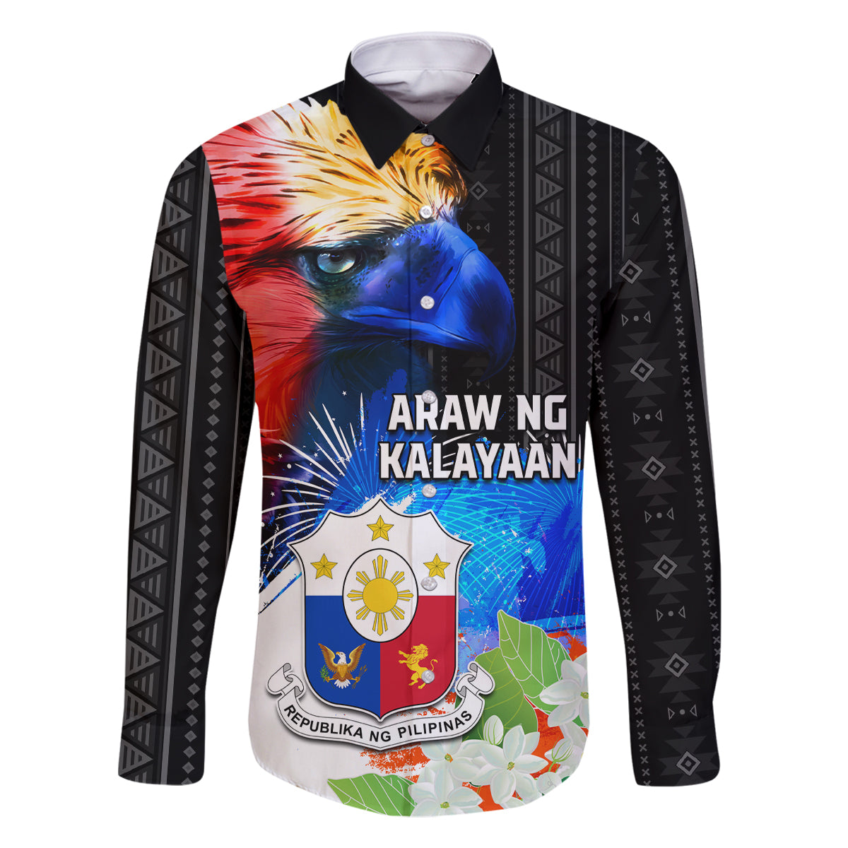 Philippines Independence Day Family Matching Off Shoulder Maxi Dress and Hawaiian Shirt Philippines Eagle and Sampaguita Jasmine Yakan Tribal LT03 Dad's Shirt - Long Sleeve Black - Polynesian Pride