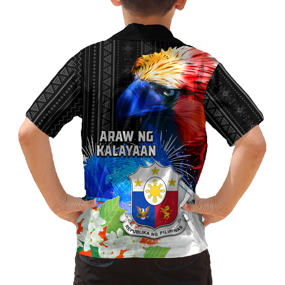 Philippines Independence Day Family Matching Off Shoulder Short Dress and Hawaiian Shirt Philippines Eagle and Sampaguita Jasmine Yakan Tribal LT03 - Polynesian Pride