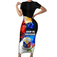 Philippines Independence Day Family Matching Short Sleeve Bodycon Dress and Hawaiian Shirt Philippines Eagle and Sampaguita Jasmine Yakan Tribal LT03 Mom's Dress Black - Polynesian Pride