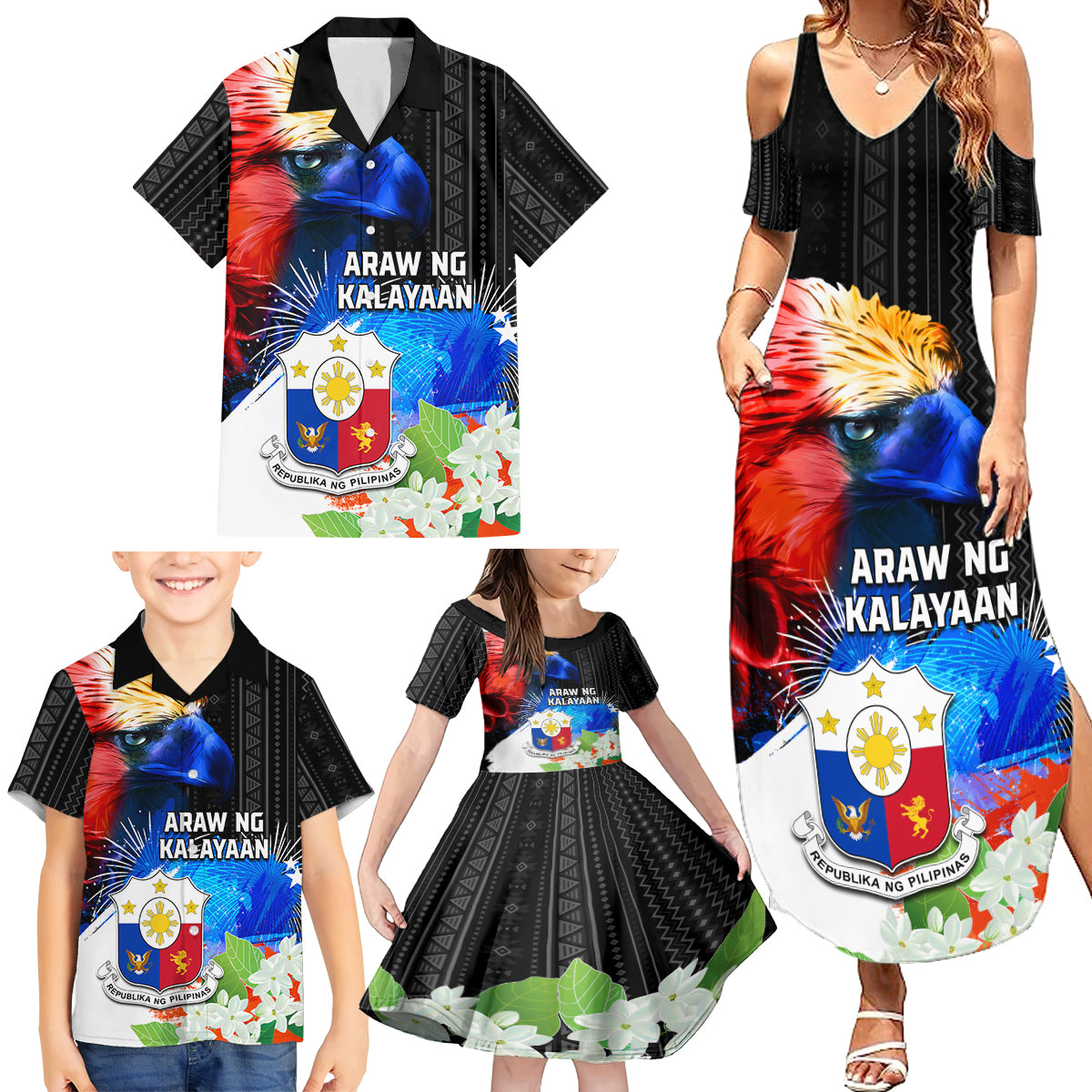 Philippines Independence Day Family Matching Summer Maxi Dress and Hawaiian Shirt Philippines Eagle and Sampaguita Jasmine Yakan Tribal LT03 - Polynesian Pride