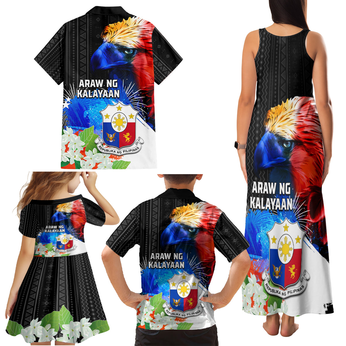 Philippines Independence Day Family Matching Tank Maxi Dress and Hawaiian Shirt Philippines Eagle and Sampaguita Jasmine Yakan Tribal LT03 - Polynesian Pride
