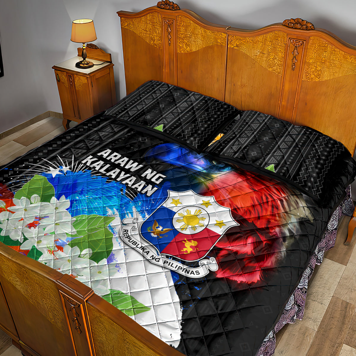 Philippines Independence Day Quilt Bed Set Philippines Eagle and Sampaguita Jasmine Yakan Tribal