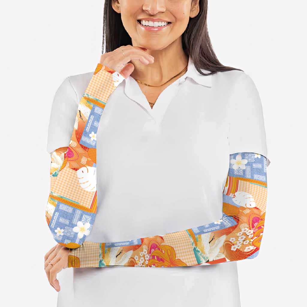 Hawaiian and Japanese Culture Together Arm Sleeves Palaka Japanese Art and Tropical Motif Tribal Patchwork LT03 - Polynesian Pride