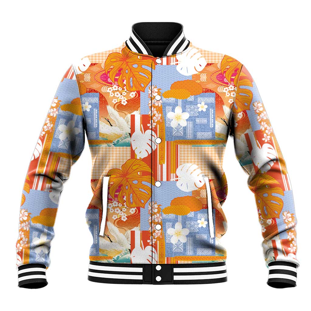 Hawaiian and Japanese Culture Together Baseball Jacket Palaka Japanese Art and Tropical Motif Tribal Patchwork