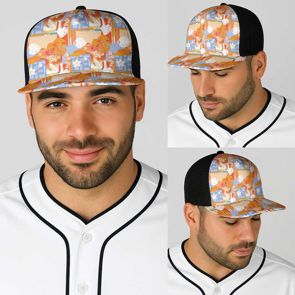 Hawaiian and Japanese Culture Together Baseball Net Cap Palaka Japanese Art and Tropical Motif Tribal Patchwork