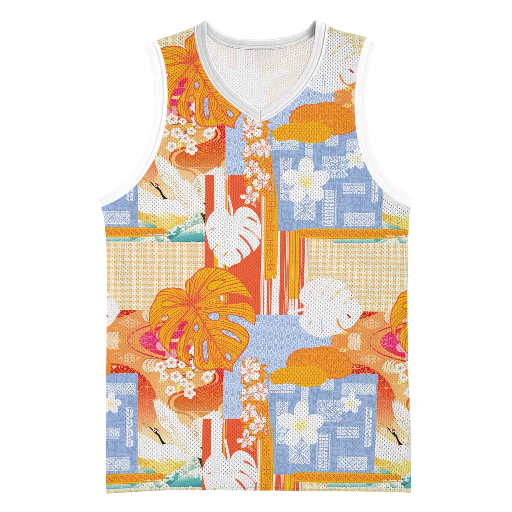 Hawaiian and Japanese Culture Together Basketball Jersey Palaka Japanese Art and Tropical Motif Tribal Patchwork LT03 Unisex Multicolor - Polynesian Pride