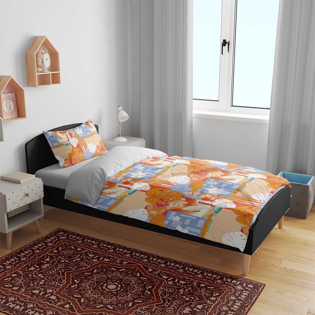 Hawaiian and Japanese Culture Together Bedding Set Palaka Japanese Art and Tropical Motif Tribal Patchwork