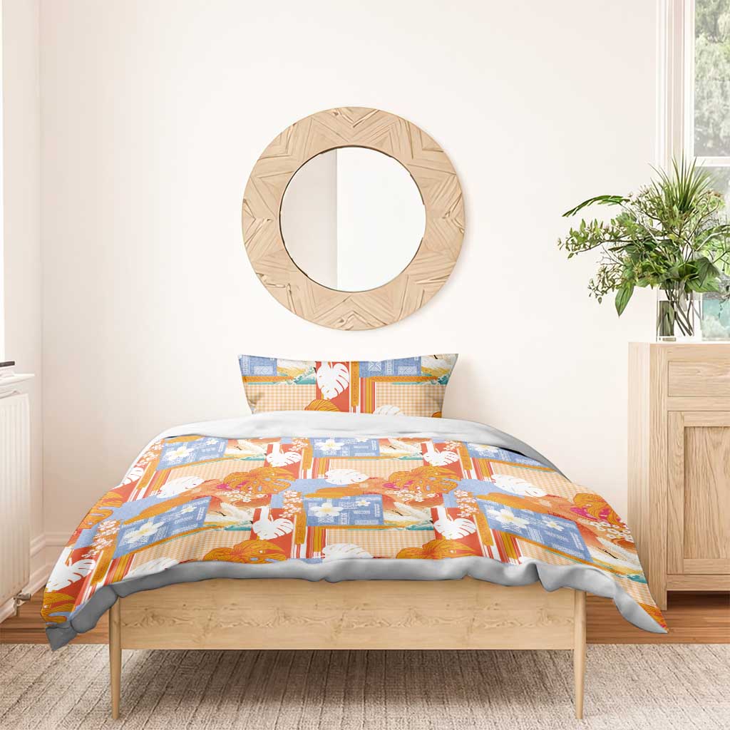 Hawaiian and Japanese Culture Together Bedding Set Palaka Japanese Art and Tropical Motif Tribal Patchwork