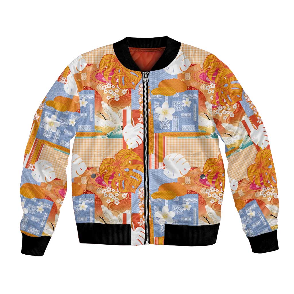 Hawaiian and Japanese Culture Together Bomber Jacket Palaka Japanese Art and Tropical Motif Tribal Patchwork LT03 Unisex Multicolor - Polynesian Pride