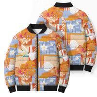 Hawaiian and Japanese Culture Together Bomber Puffer Jacket Palaka Japanese Art and Tropical Motif Tribal Patchwork