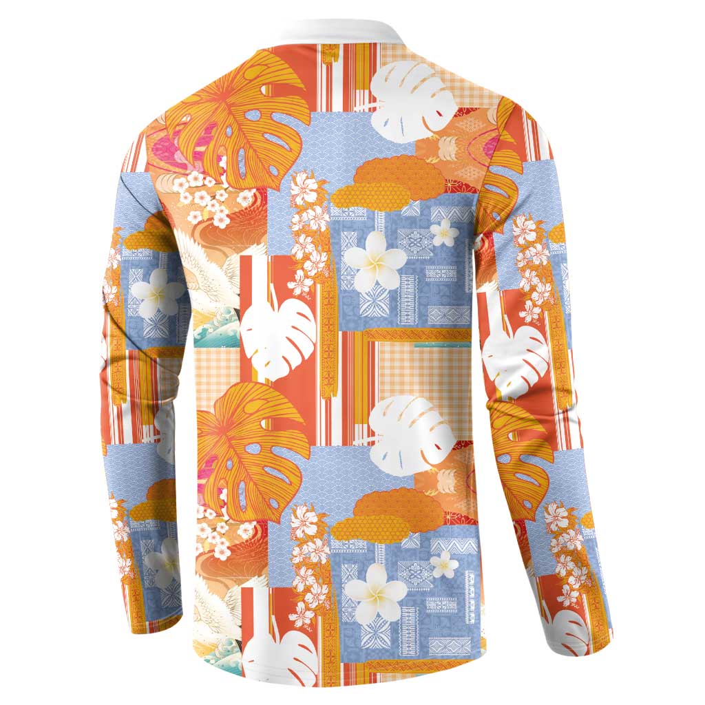 Hawaiian and Japanese Culture Together Button Sweatshirt Palaka Japanese Art and Tropical Motif Tribal Patchwork