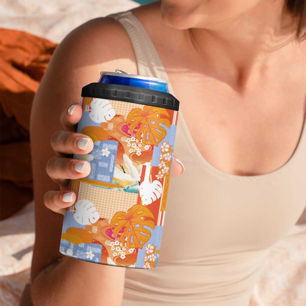 Hawaiian and Japanese Culture Together 4 in 1 Can Cooler Tumbler Palaka Japanese Art and Tropical Motif Tribal Patchwork LT03 - Polynesian Pride