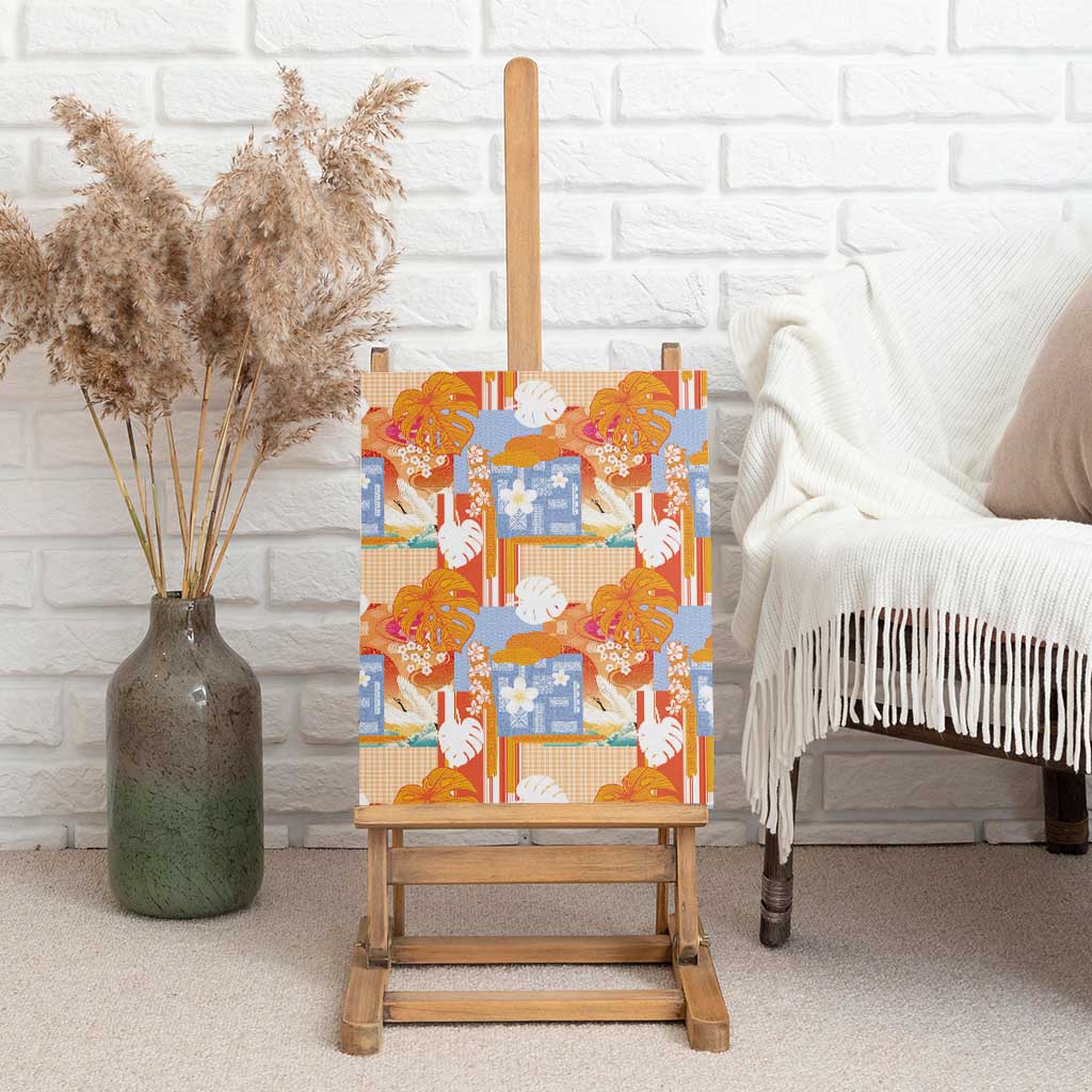 Hawaiian and Japanese Culture Together Canvas Wall Art Palaka Japanese Art and Tropical Motif Tribal Patchwork