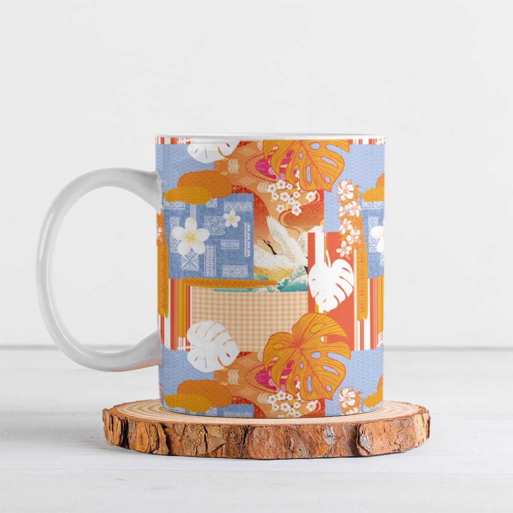 Hawaiian and Japanese Culture Together Ceramic Mug Palaka Japanese Art and Tropical Motif Tribal Patchwork