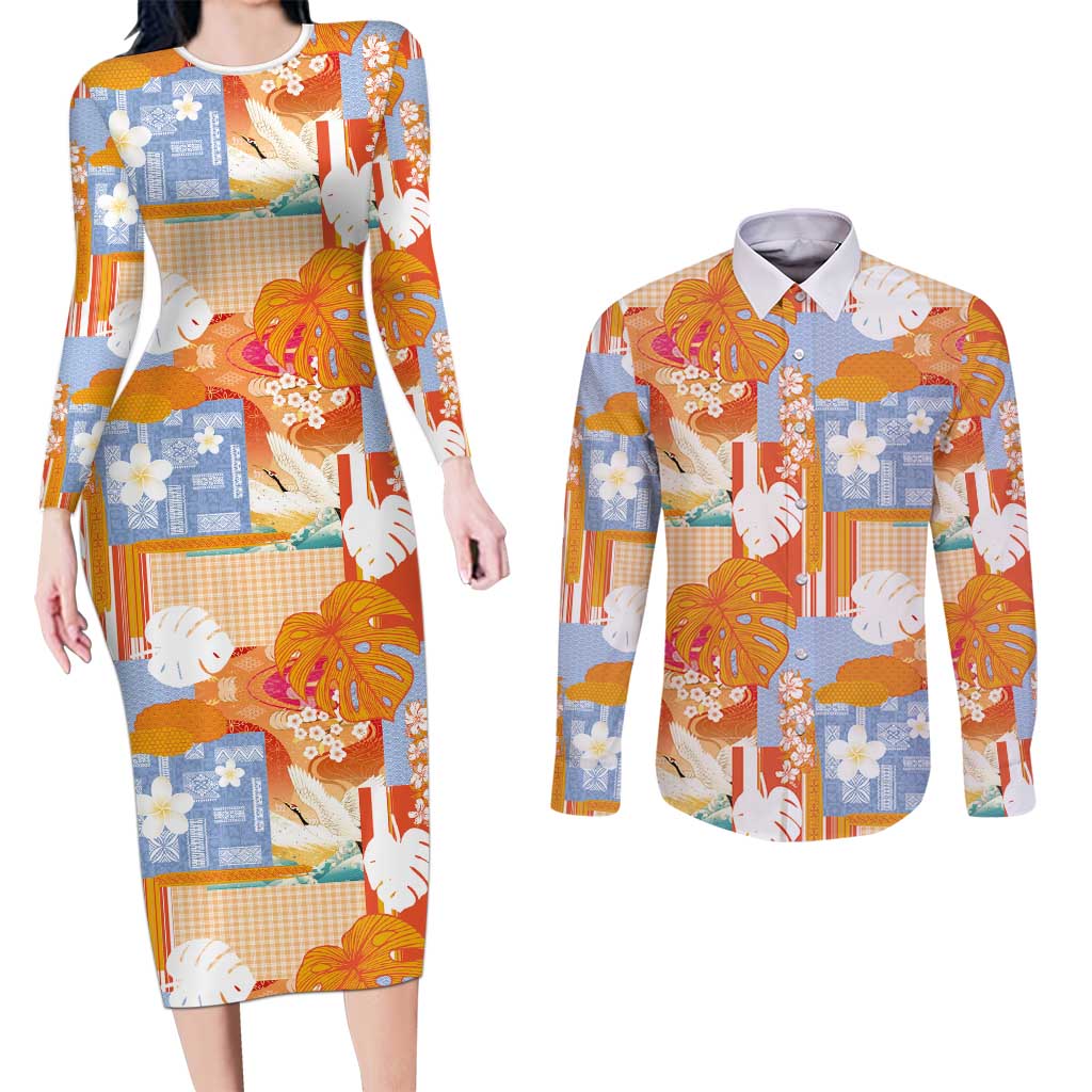 Hawaiian and Japanese Culture Together Couples Matching Long Sleeve Bodycon Dress and Long Sleeve Button Shirt Palaka Japanese Art and Tropical Motif Tribal Patchwork