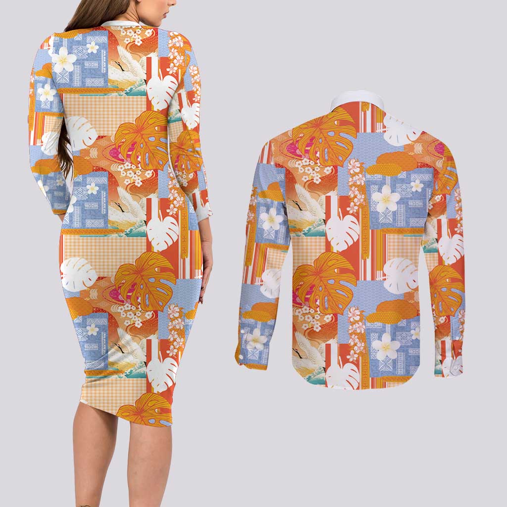 Hawaiian and Japanese Culture Together Couples Matching Long Sleeve Bodycon Dress and Long Sleeve Button Shirt Palaka Japanese Art and Tropical Motif Tribal Patchwork LT03 - Polynesian Pride