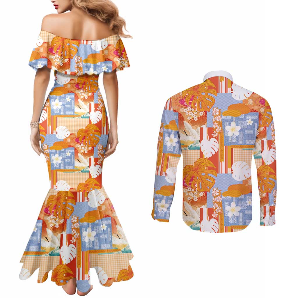 Hawaiian and Japanese Culture Together Couples Matching Mermaid Dress and Long Sleeve Button Shirt Palaka Japanese Art and Tropical Motif Tribal Patchwork LT03 - Polynesian Pride