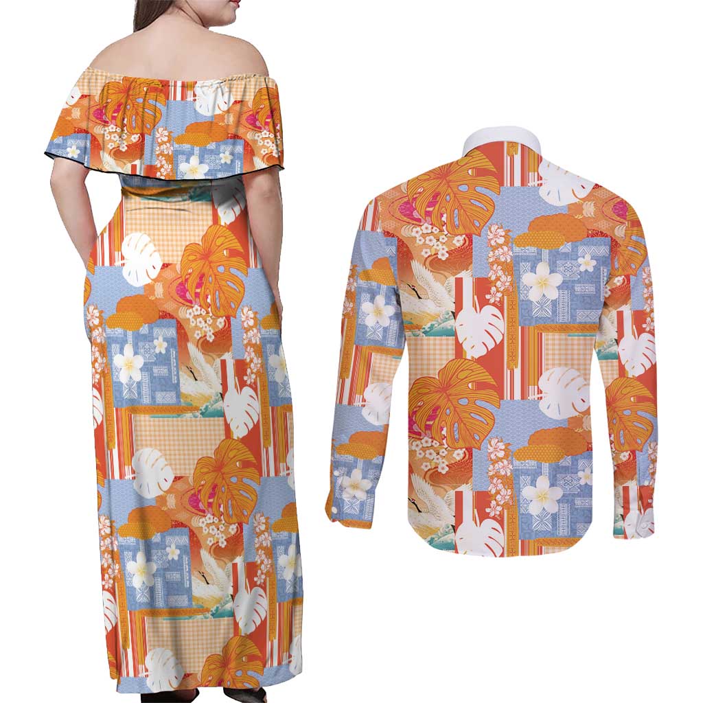 Hawaiian and Japanese Culture Together Couples Matching Off Shoulder Maxi Dress and Long Sleeve Button Shirt Palaka Japanese Art and Tropical Motif Tribal Patchwork LT03 - Polynesian Pride