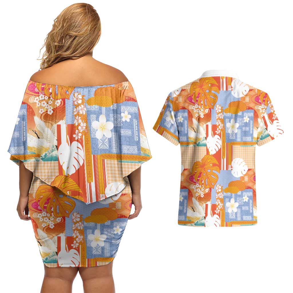 Hawaiian and Japanese Culture Together Couples Matching Off Shoulder Short Dress and Hawaiian Shirt Palaka Japanese Art and Tropical Motif Tribal Patchwork LT03 - Polynesian Pride