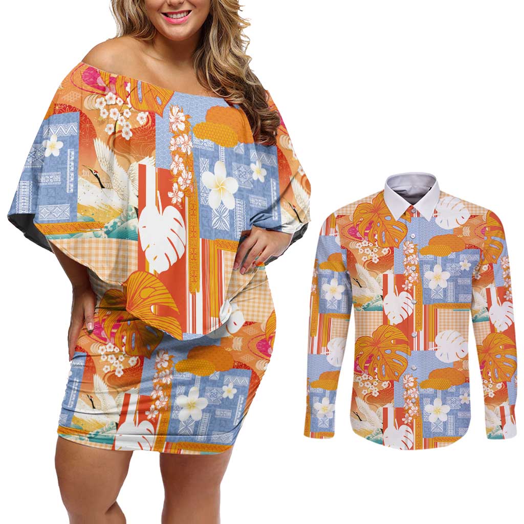 Hawaiian and Japanese Culture Together Couples Matching Off Shoulder Short Dress and Long Sleeve Button Shirt Palaka Japanese Art and Tropical Motif Tribal Patchwork LT03 Multicolor - Polynesian Pride