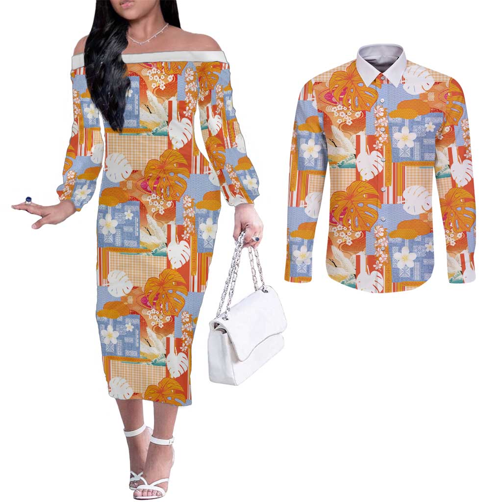 Hawaiian and Japanese Culture Together Couples Matching Off The Shoulder Long Sleeve Dress and Long Sleeve Button Shirt Palaka Japanese Art and Tropical Motif Tribal Patchwork LT03 Multicolor - Polynesian Pride