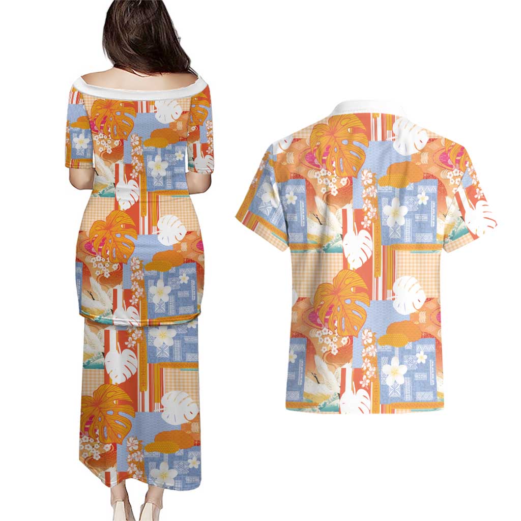 Hawaiian and Japanese Culture Together Couples Matching Puletasi and Hawaiian Shirt Palaka Japanese Art and Tropical Motif Tribal Patchwork LT03 - Polynesian Pride
