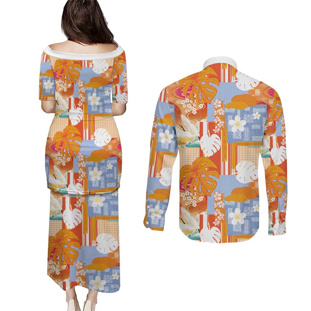 Hawaiian and Japanese Culture Together Couples Matching Puletasi and Long Sleeve Button Shirt Palaka Japanese Art and Tropical Motif Tribal Patchwork LT03 - Polynesian Pride