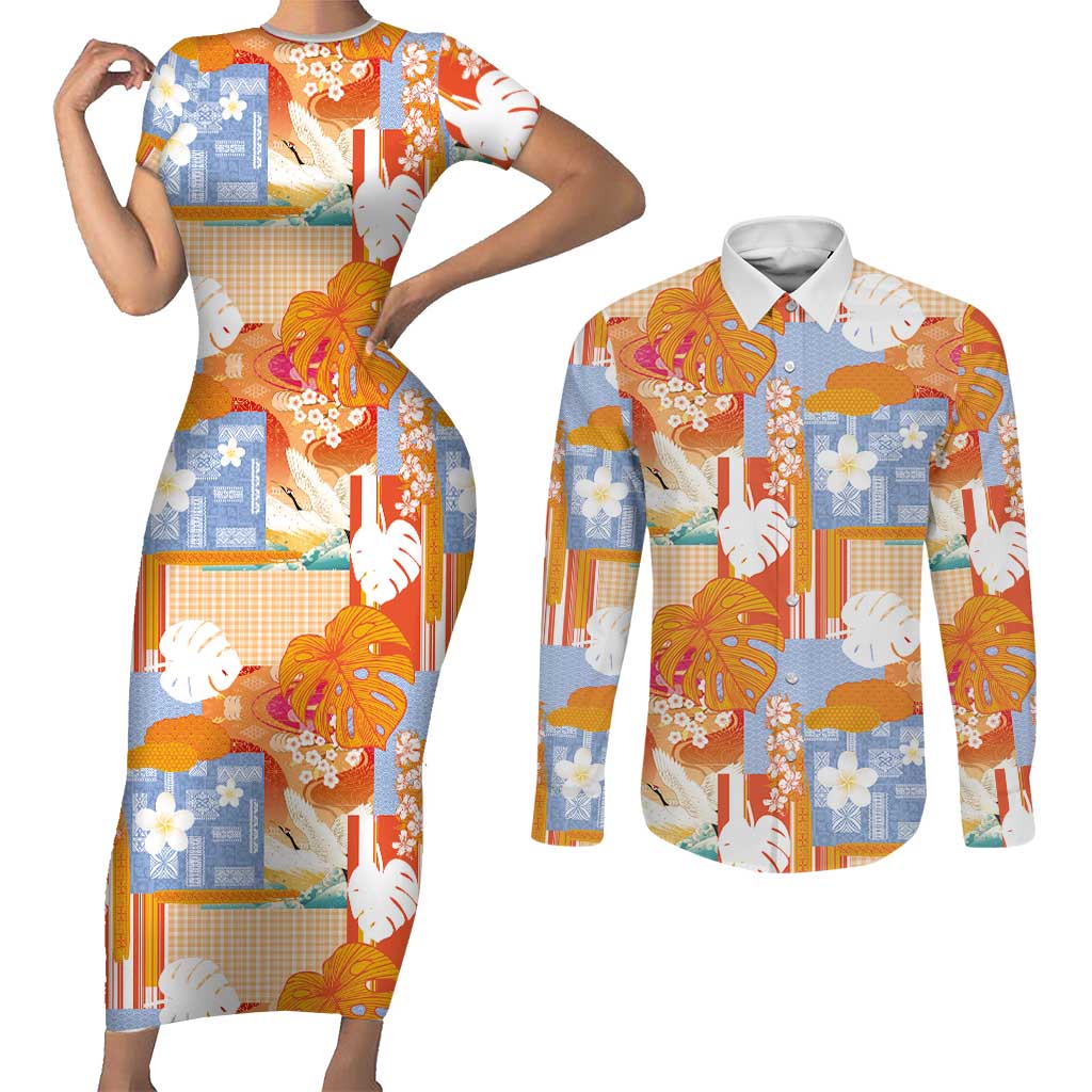 Hawaiian and Japanese Culture Together Couples Matching Short Sleeve Bodycon Dress and Long Sleeve Button Shirt Palaka Japanese Art and Tropical Motif Tribal Patchwork LT03 Multicolor - Polynesian Pride