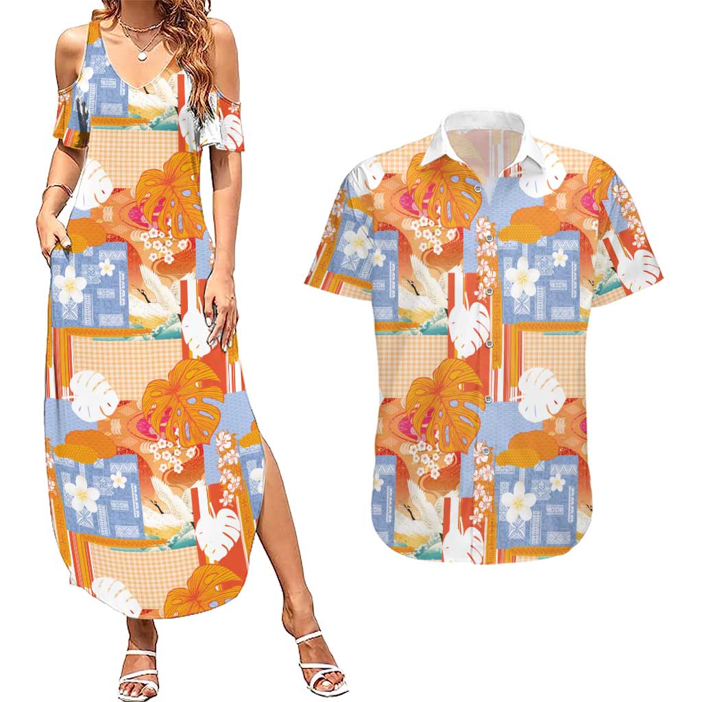 Hawaiian and Japanese Culture Together Couples Matching Summer Maxi Dress and Hawaiian Shirt Palaka Japanese Art and Tropical Motif Tribal Patchwork LT03 Multicolor - Polynesian Pride