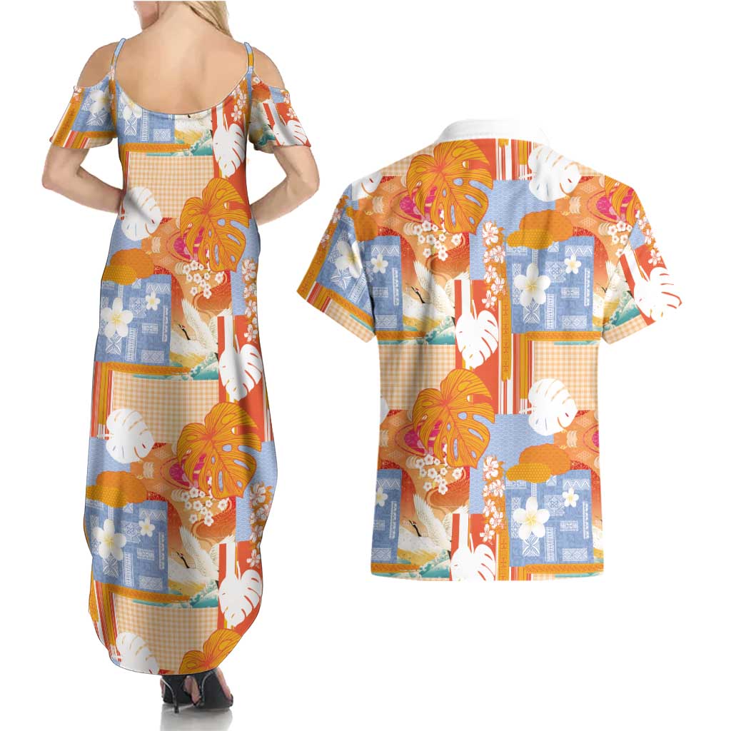 Hawaiian and Japanese Culture Together Couples Matching Summer Maxi Dress and Hawaiian Shirt Palaka Japanese Art and Tropical Motif Tribal Patchwork LT03 - Polynesian Pride