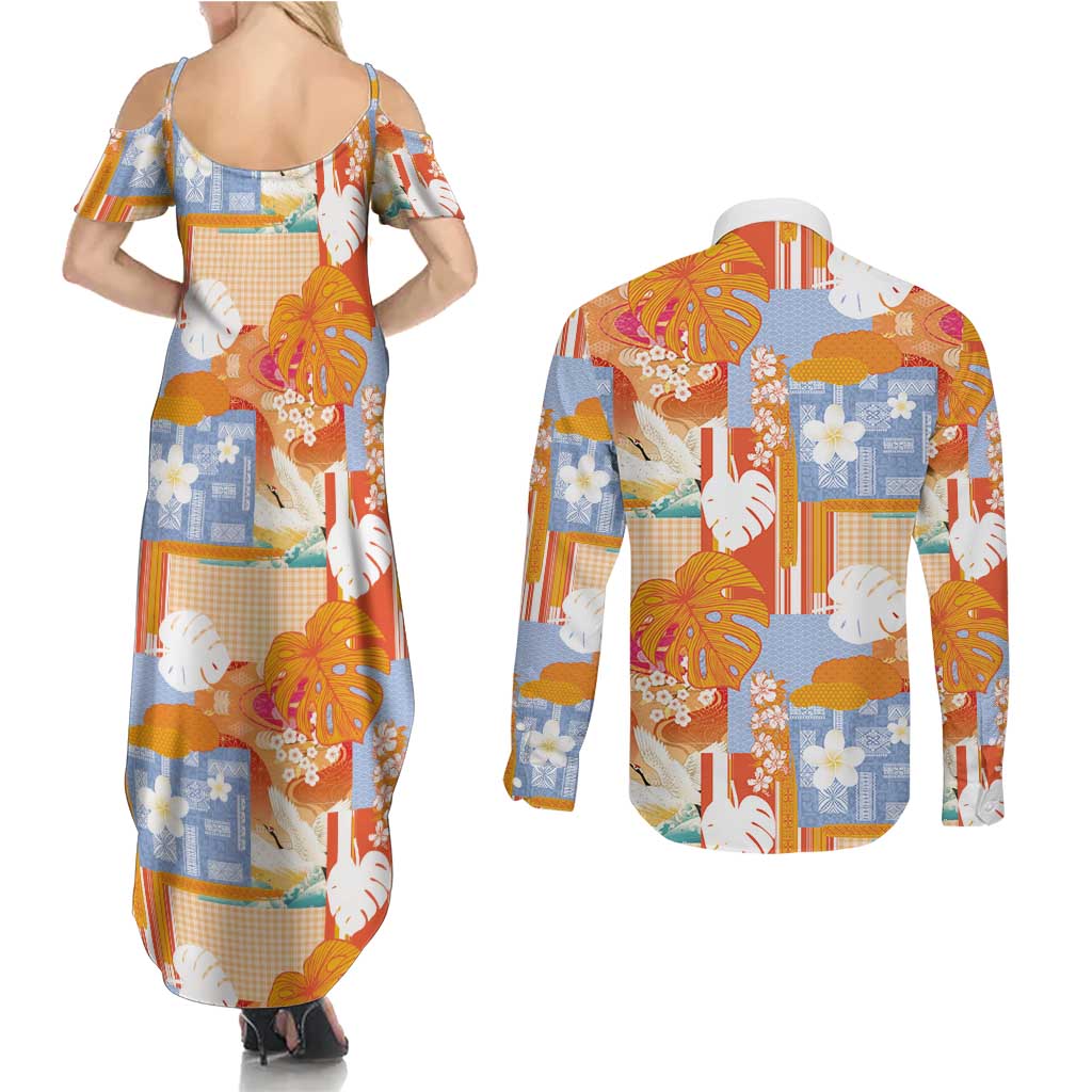 Hawaiian and Japanese Culture Together Couples Matching Summer Maxi Dress and Long Sleeve Button Shirt Palaka Japanese Art and Tropical Motif Tribal Patchwork LT03 - Polynesian Pride